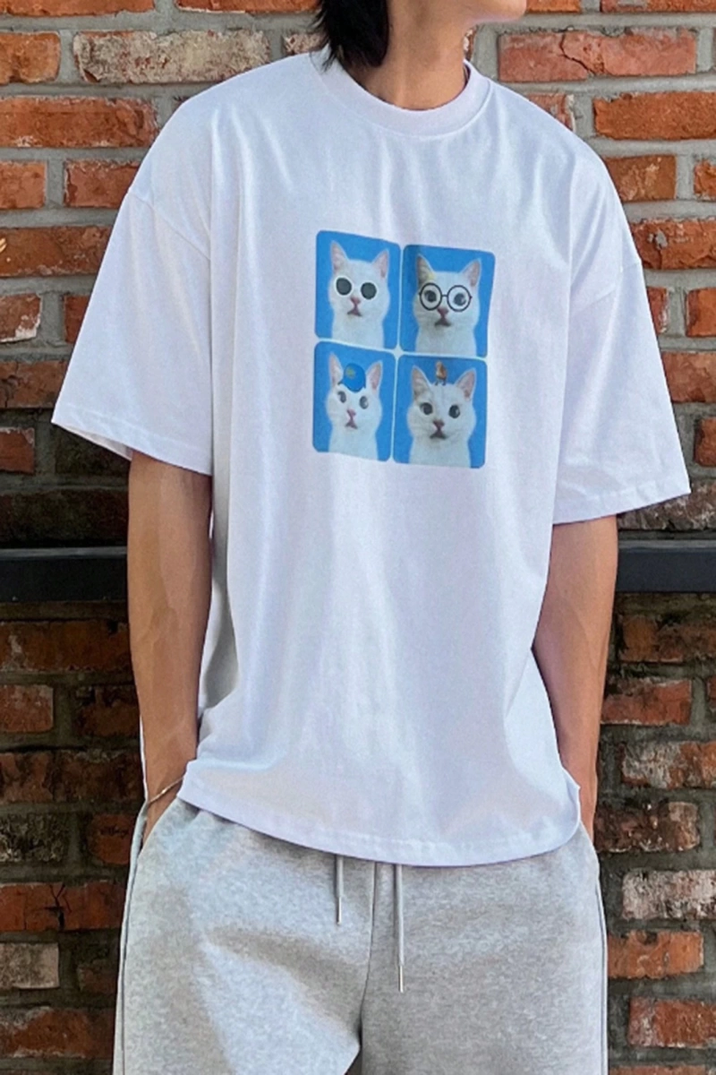 Erkek Yazlık Rahat Kedi Baskılı Büyük Boy Kısa Kollu Tişört
