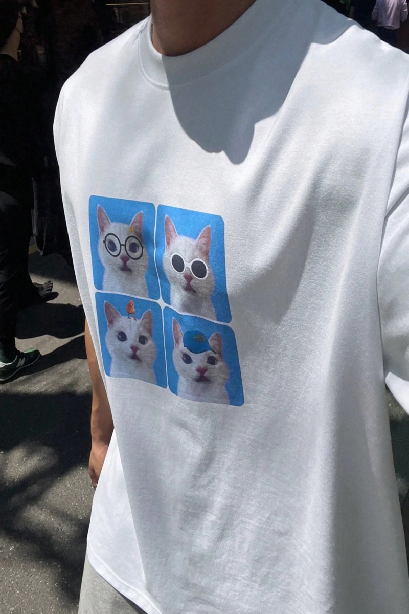 Erkek Yazlık Rahat Kedi Baskılı Büyük Boy Kısa Kollu Tişört