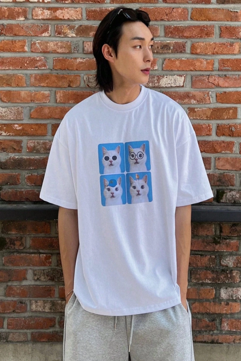 Erkek Yazlık Rahat Kedi Baskılı Büyük Boy Kısa Kollu Tişört