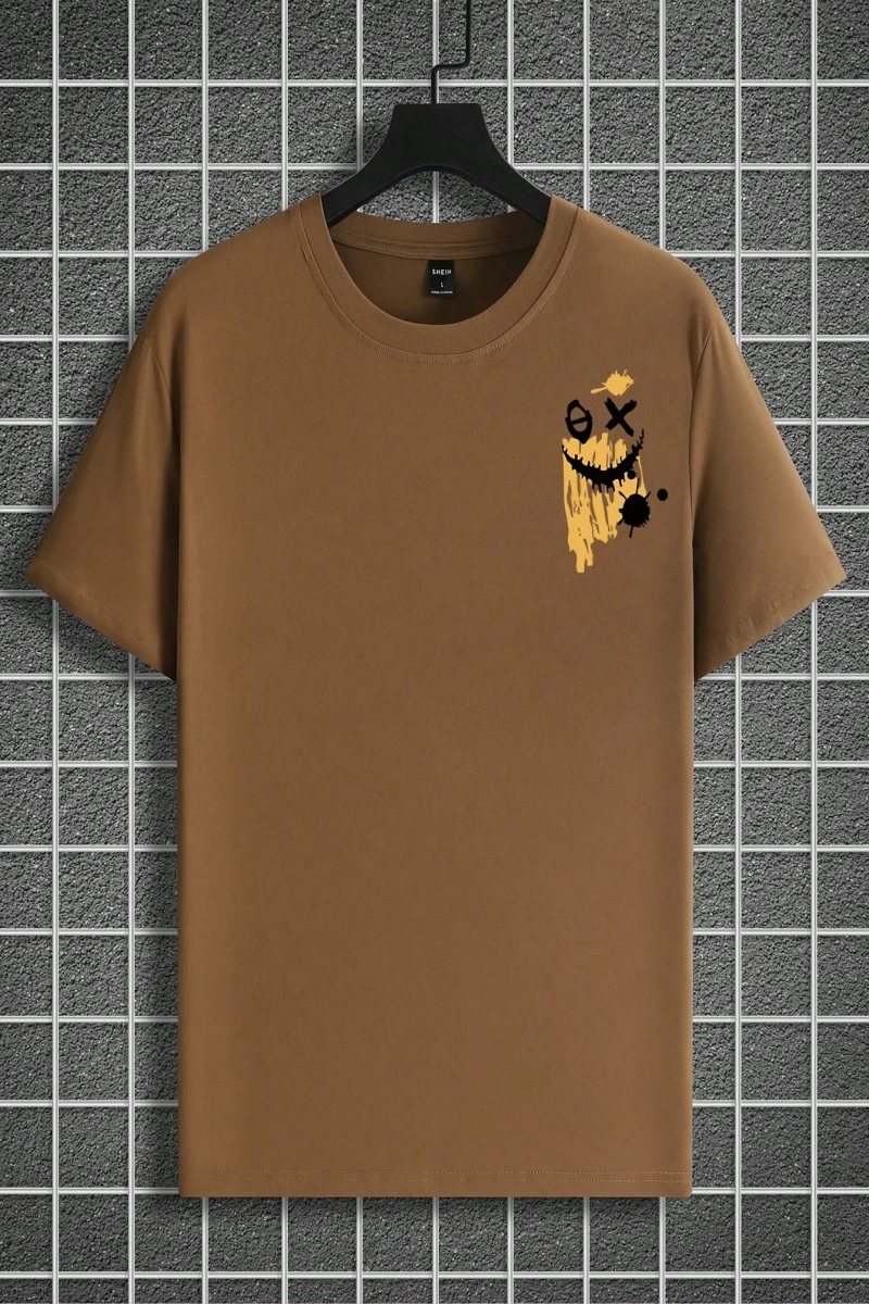 Erkek Yuvarlak Yaka Kısa Kollu Baskılı Minimalist Tişört, Günlük Giyim