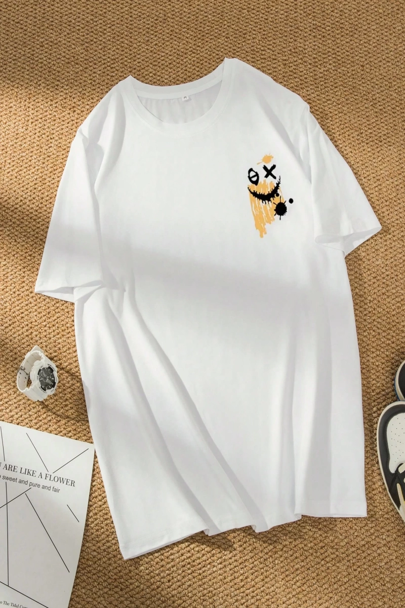 Erkek Yuvarlak Yaka Kısa Kollu Baskılı Minimalist Tişört, Günlük Giyim