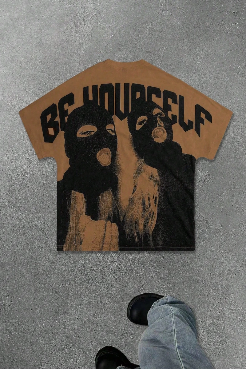 Erkek Yuvarlak Yaka Mektup Baskılı Kısa Kollu Rahat Hiphop Tişört, Grafi