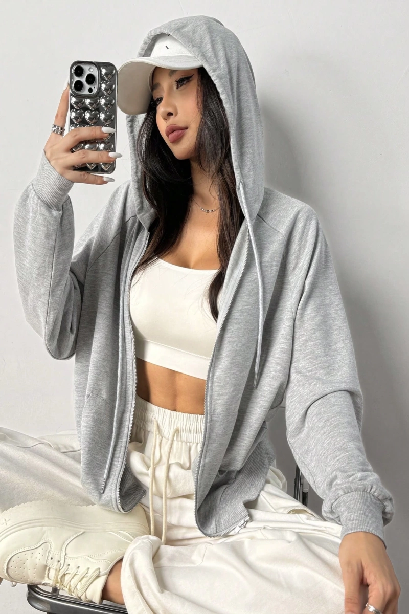 Fermuarlı Raglan Kollu Bağcıklı Kapüşonlu, Uzun Kollu Üstler Model 5143