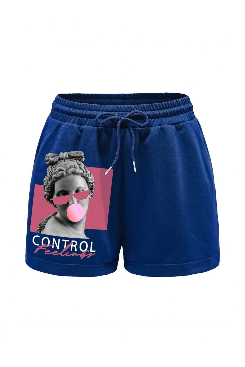Figure & Letter Graphic Drawstring Waist Şort