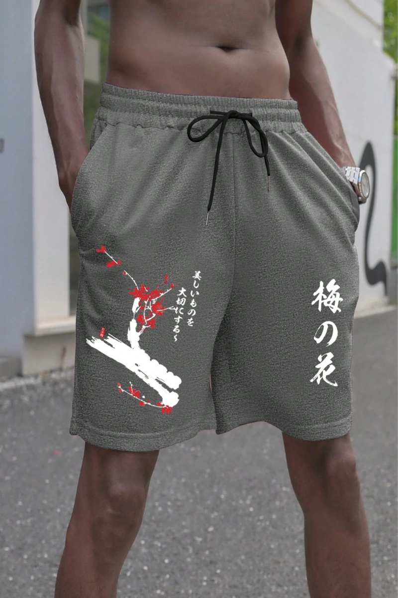 Fit Erkek Çiçek & Japon Harf Baskılı Bağcıklı Bel Şortu Erkek Yazlık Gi