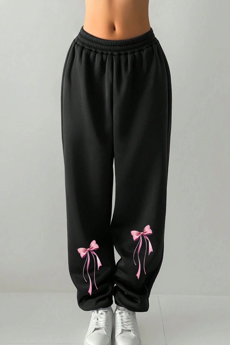 Flirla Bow Decor Sevimli Baskılı Rahat Bol Rahat Jogger Pantolon, Sıcak Termal Astarlı Açık H