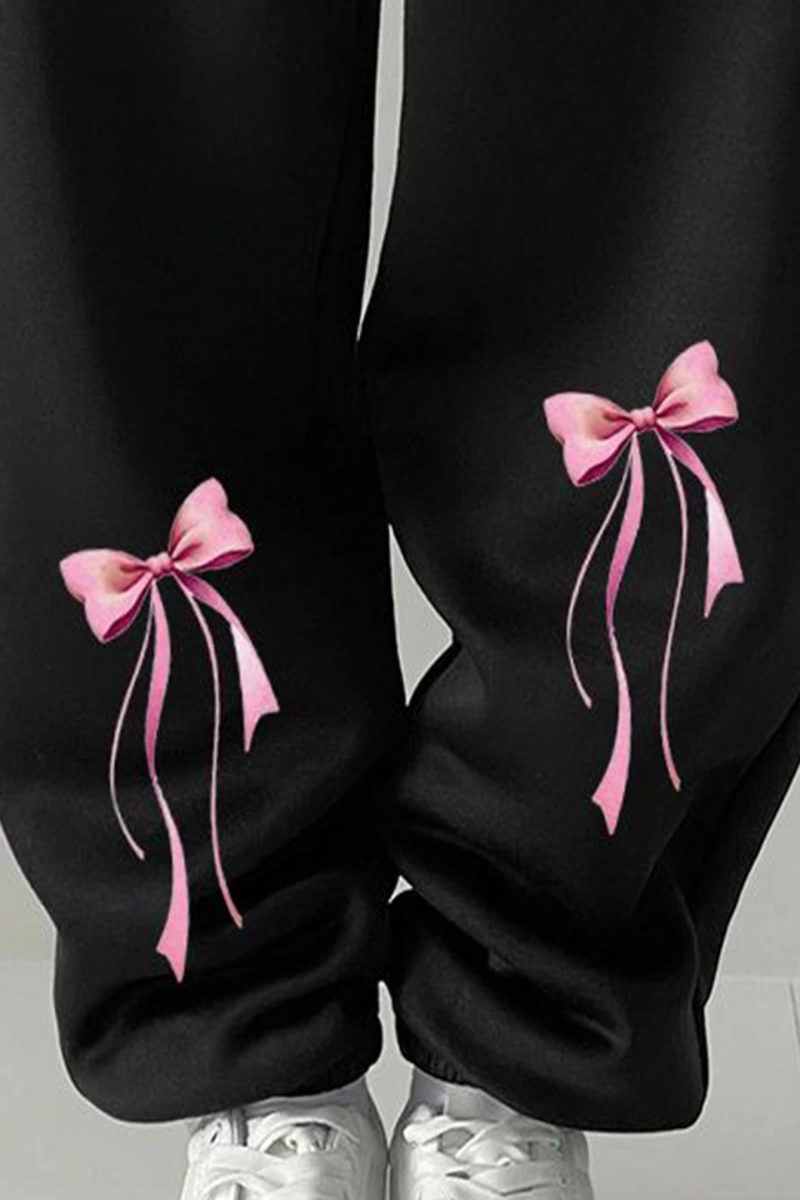 Flirla Bow Decor Sevimli Baskılı Rahat Bol Rahat Jogger Pantolon, Sıcak Termal Astarlı Açık H