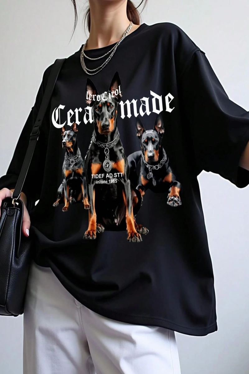 Flirla Büyük Boy Yuvarlak Yaka Kısa Kollu Doberman Pinscher Baskılı Tişört Grafik Tişörtler K
