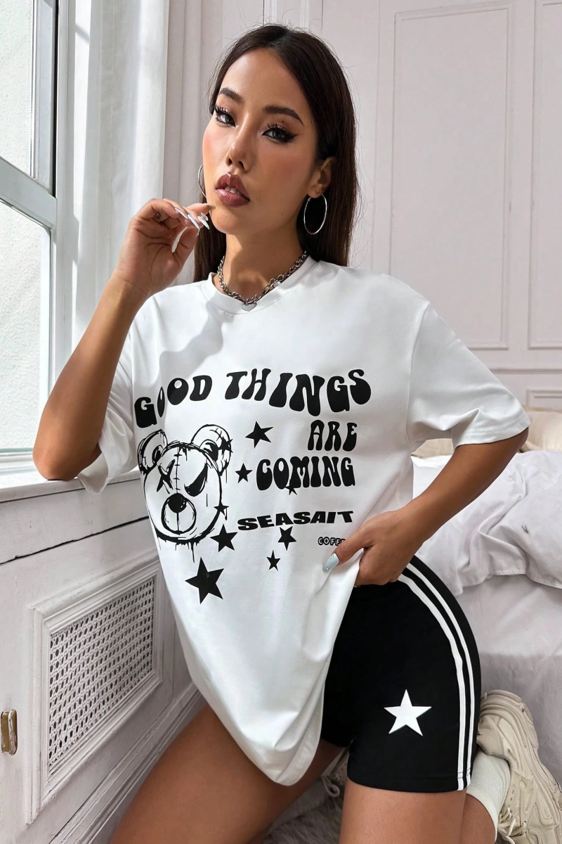 Flirla Casual Siyah & Beyaz Renk Blok Seti Pozitif Sloganlı