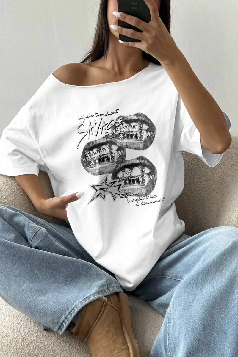 Flirla Kadın Bol Omuz Açık Tişört Y2k Grafik Büyük Boy Omuz Açık Tişört Grafik Tişörtler Kadı