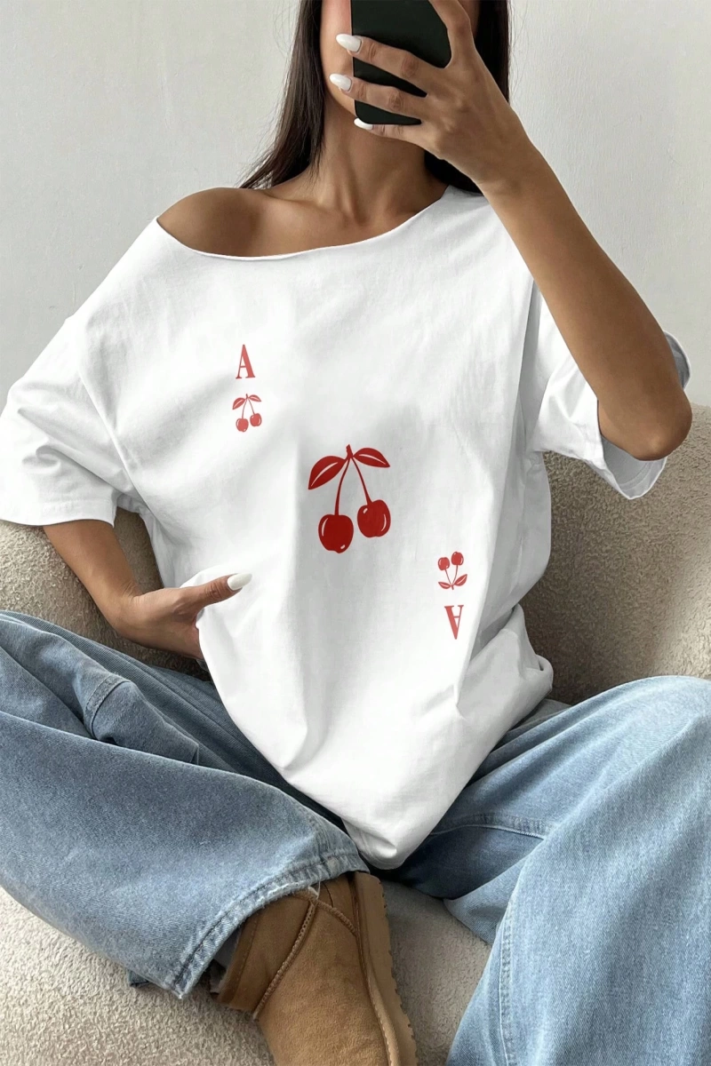 Flirla Kadın Bol Omuz Açık Tişört Y2k Grafik Büyük Boy Omuz Açık Tişört Grafik Tişörtler Kadı