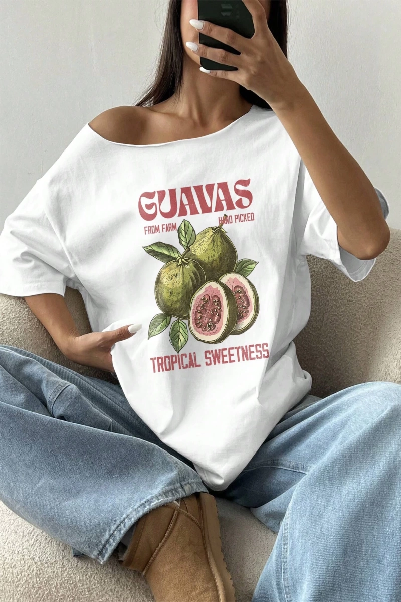 Flirla Kadın Bol Omuz Açık Tişört Y2k Grafik Büyük Boy Omuz Açık Tişört Grafik Tişörtler Kadı