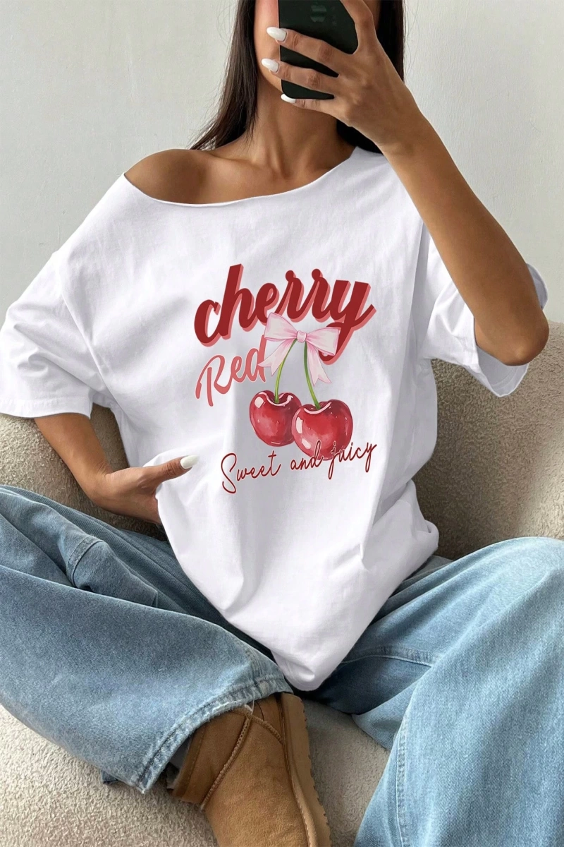 Flirla Kadın Bol Omuz Açık Tişört Y2k Grafik Büyük Boy Omuz Açık Tişört Grafik Tişörtler Kadı