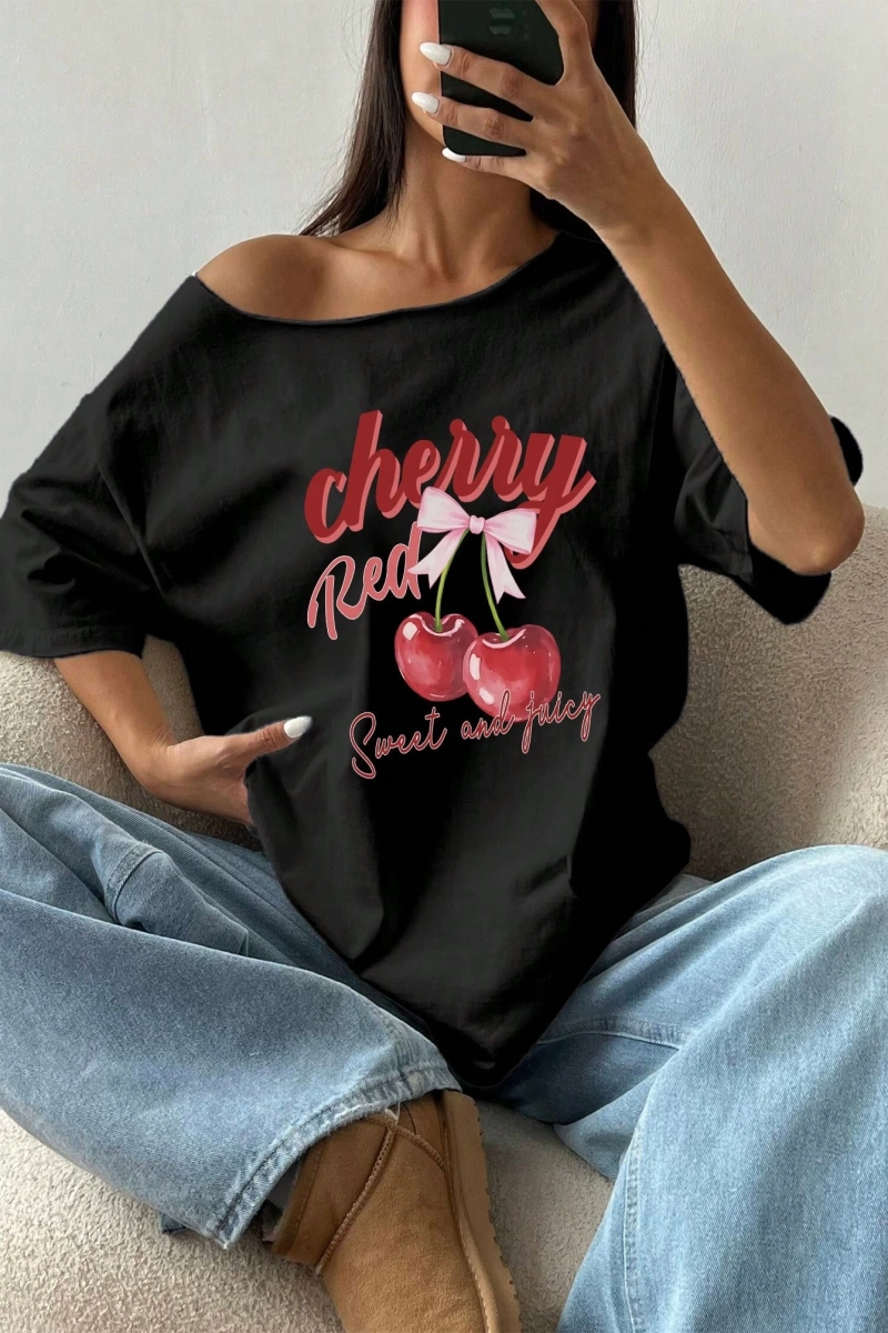 Flirla Kadın Bol Omuz Açık Tişört Y2k Grafik Büyük Boy Omuz Açık Tişört Grafik Tişörtler Kadı