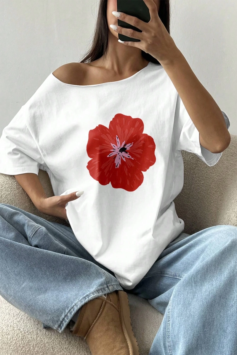 Flirla Kadın Bol Omuz Açık Tişört Y2k Grafik Büyük Boy Omuz Açık Tişört Grafik Tişörtler Kadı