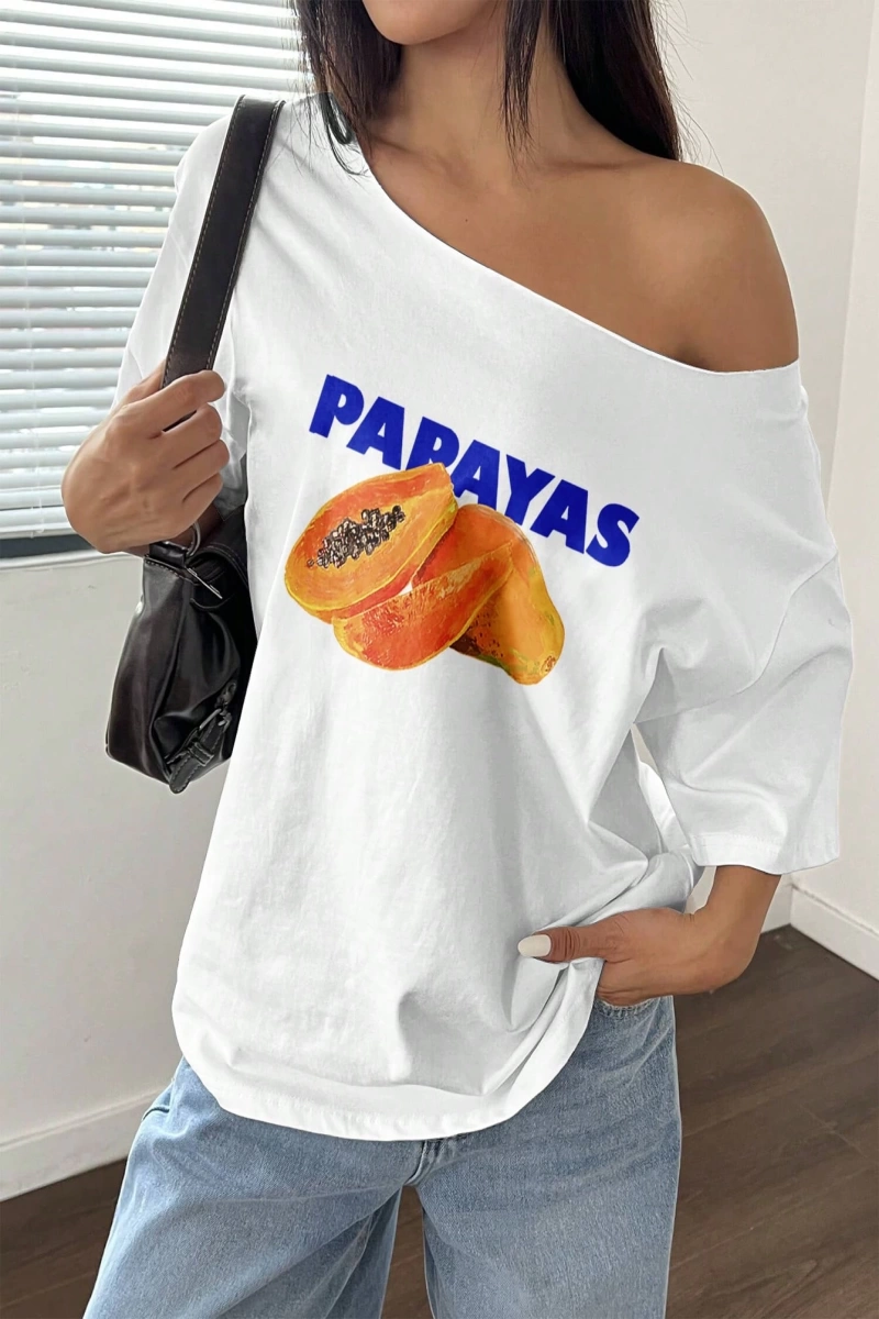 Flirla Kadın Bol Omuz Açık Tişört Y2k Grafik Büyük Boy Omuz Açık Tişört Grafik Tişörtler Kadı