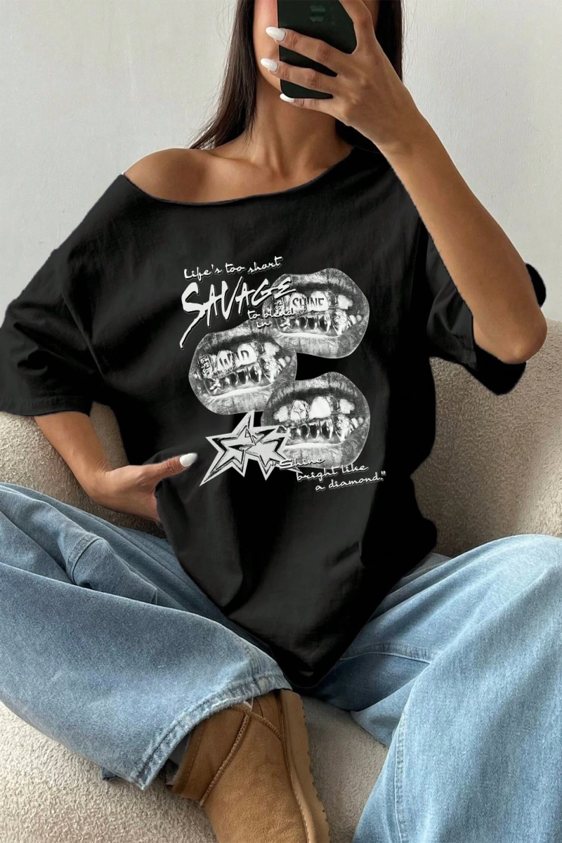 Flirla Kadın Bol Omuz Açık Tişört Y2k Grafik Büyük Boy Omuz Açık Tişört Grafik Tişörtler Kadı