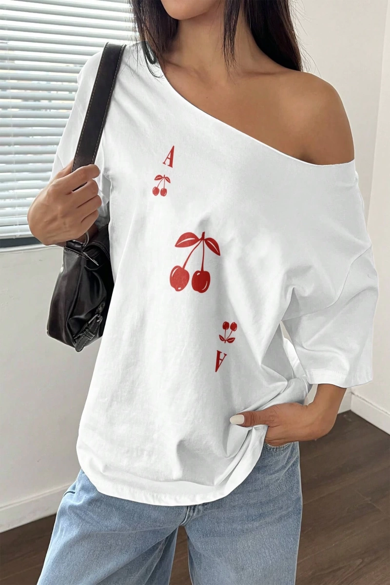 Flirla Kadın Bol Omuz Açık Tişört Y2k Grafik Büyük Boy Omuz Açık Tişört Grafik Tişörtler Kadı