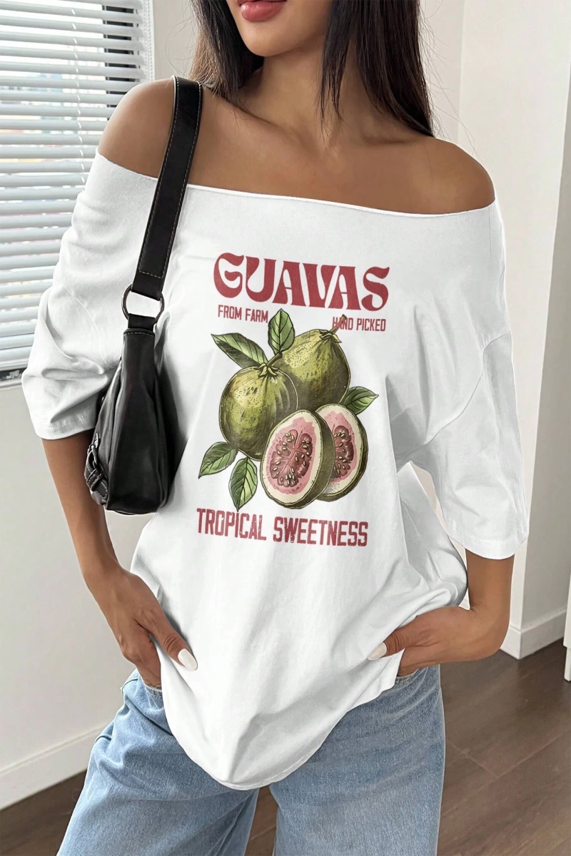 Flirla Kadın Bol Omuz Açık Tişört Y2k Grafik Büyük Boy Omuz Açık Tişört Grafik Tişörtler Kadı