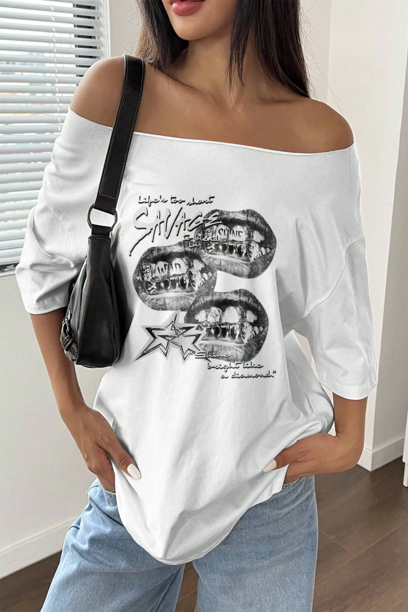 Flirla Kadın Bol Omuz Açık Tişört Y2k Grafik Büyük Boy Omuz Açık Tişört Grafik Tişörtler Kadı