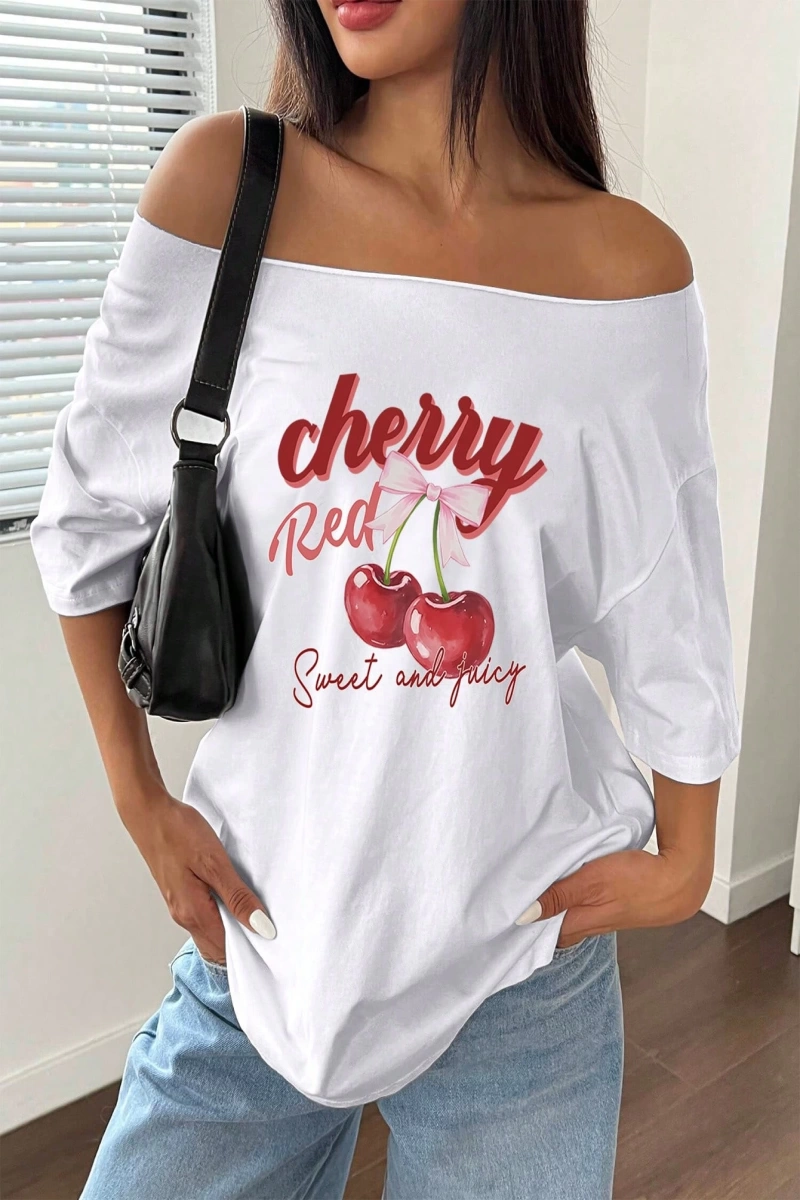 Flirla Kadın Bol Omuz Açık Tişört Y2k Grafik Büyük Boy Omuz Açık Tişört Grafik Tişörtler Kadı