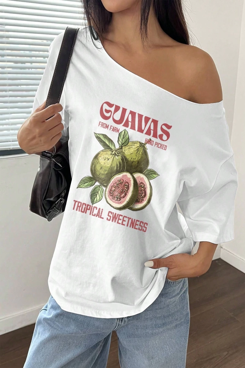Flirla Kadın Bol Omuz Açık Tişört Y2k Grafik Büyük Boy Omuz Açık Tişört Grafik Tişörtler Kadı