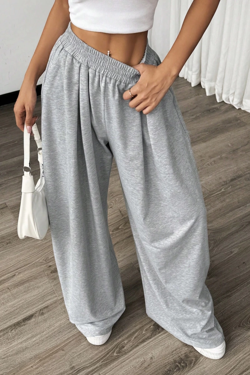 Flirla Kadın Günlük Düz Renk Geniş Paça Eşofman Altı