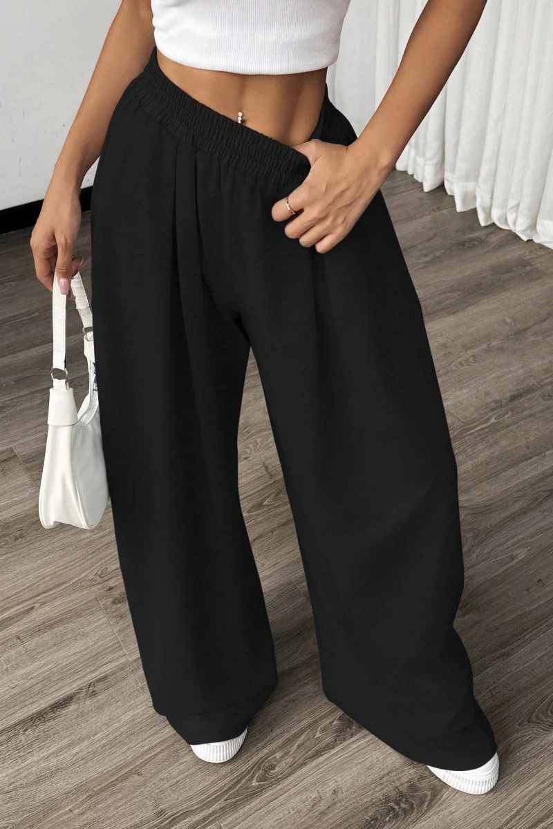 Flirla Kadın Günlük Düz Renk Geniş Paça Eşofman Altı