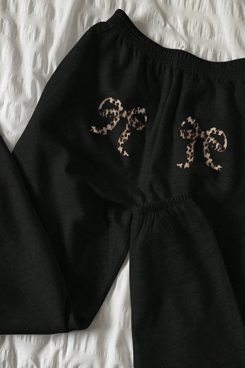 Flirla Kadın Günlük Leopar ve Harf Baskılı Uzun Bağcıklı Spor Pantolon, Sonbahar/Kış