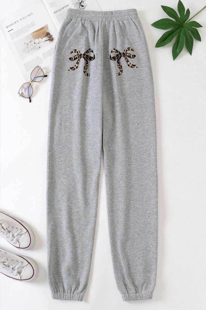 Flirla Kadın Günlük Leopar ve Harf Baskılı Uzun Bağcıklı Spor Pantolon, Sonbahar/Kış