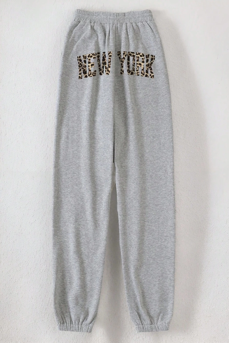 Flirla Kadın Günlük Leopar ve Harf Baskılı Uzun Bağcıklı Spor Pantolon, Sonbahar/Kış