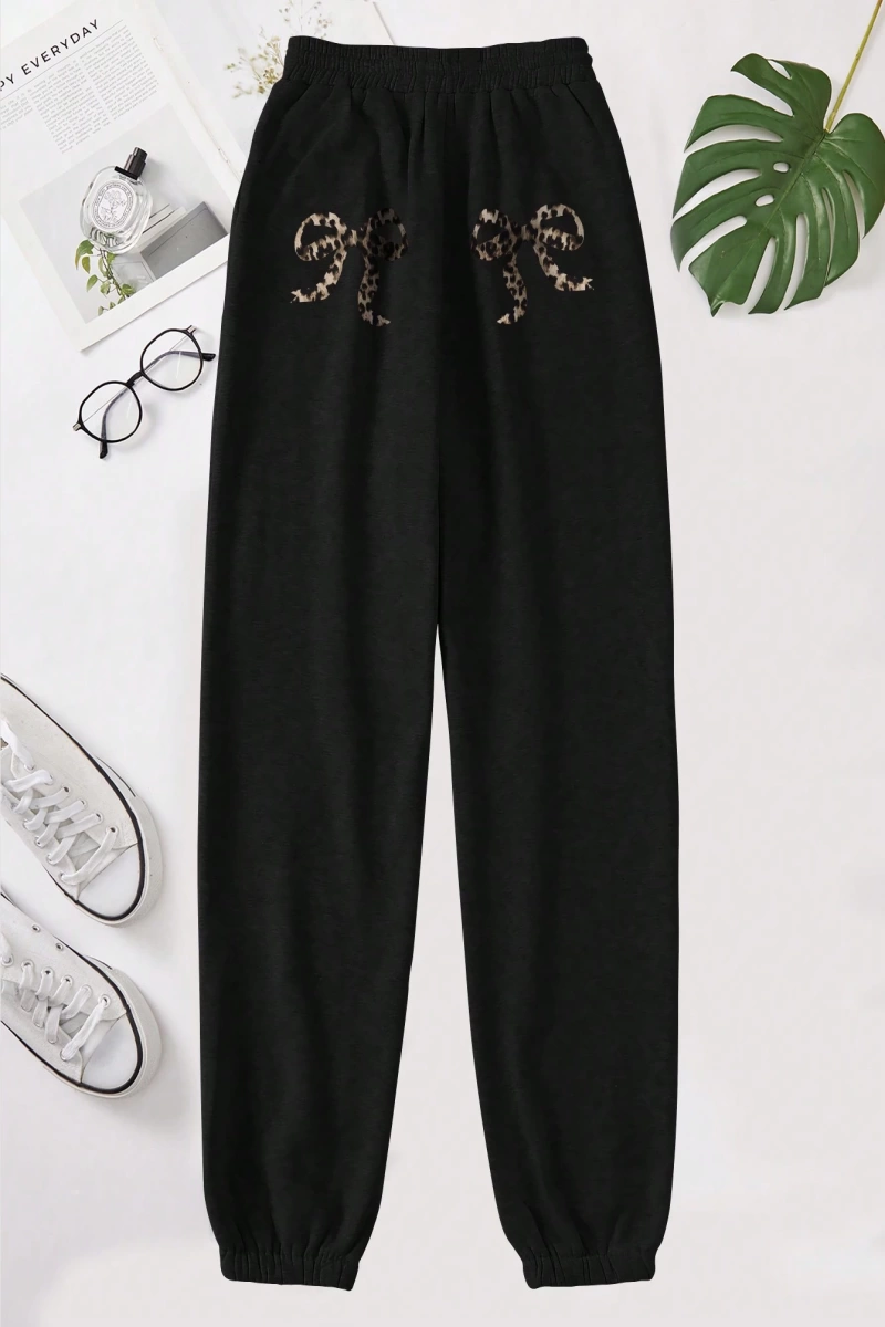 Flirla Kadın Günlük Leopar ve Harf Baskılı Uzun Bağcıklı Spor Pantolon, Sonbahar/Kış