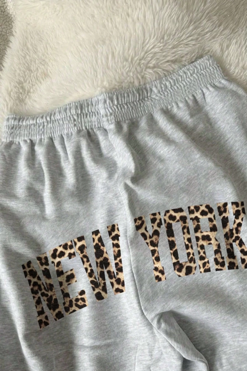 Flirla Kadın Günlük Leopar ve Harf Baskılı Uzun Bağcıklı Spor Pantolon, Sonbahar/Kış