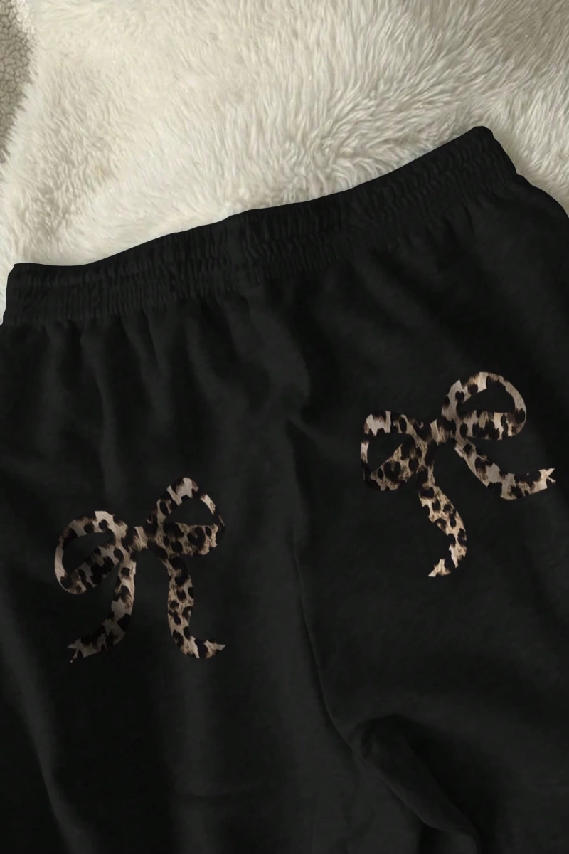 Flirla Kadın Günlük Leopar ve Harf Baskılı Uzun Bağcıklı Spor Pantolon, Sonbahar/Kış