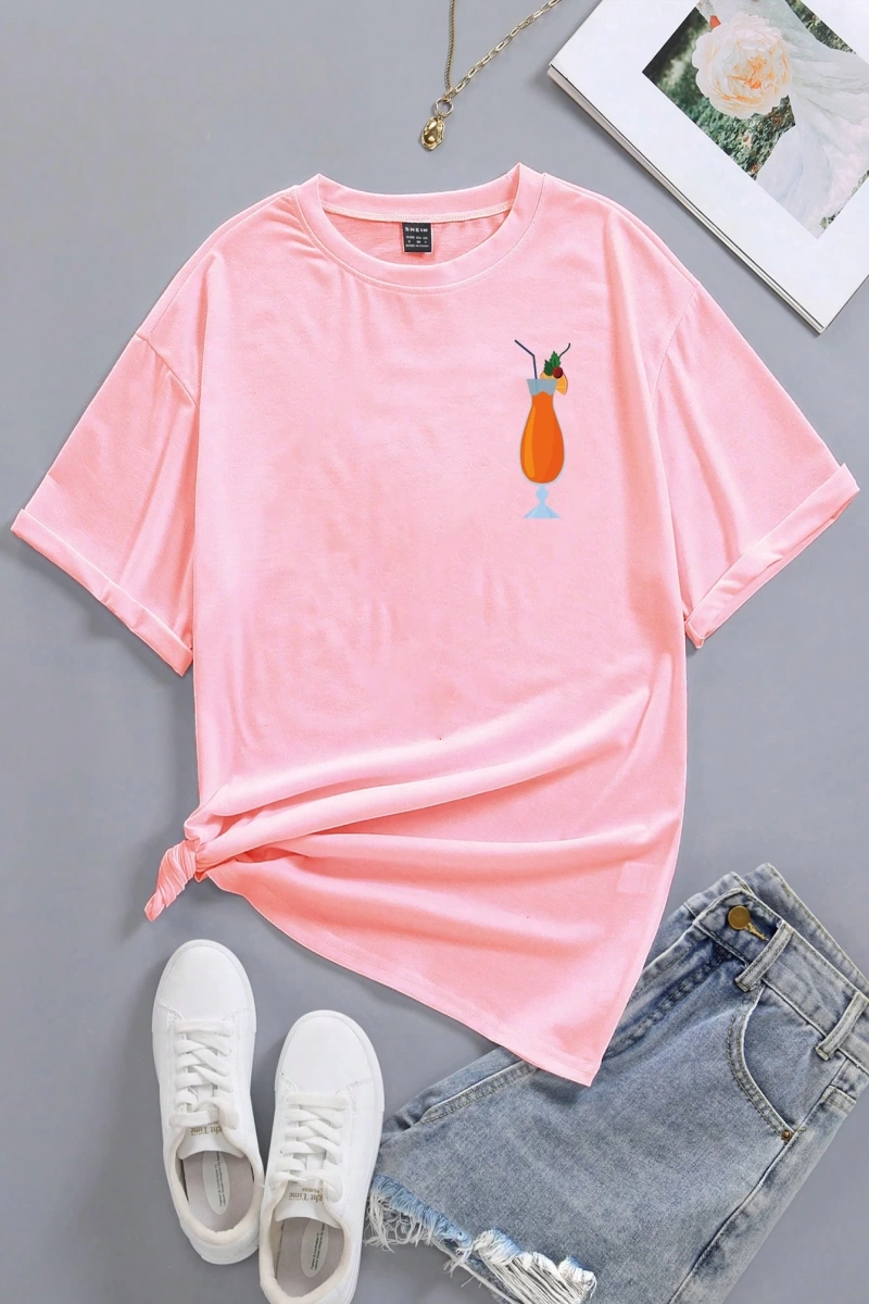 Flirla Kadın Yazlık Bol Kokteyl Pembe Kısa Kollu Tişört Grafik Tişörtler Kadın Üstleri