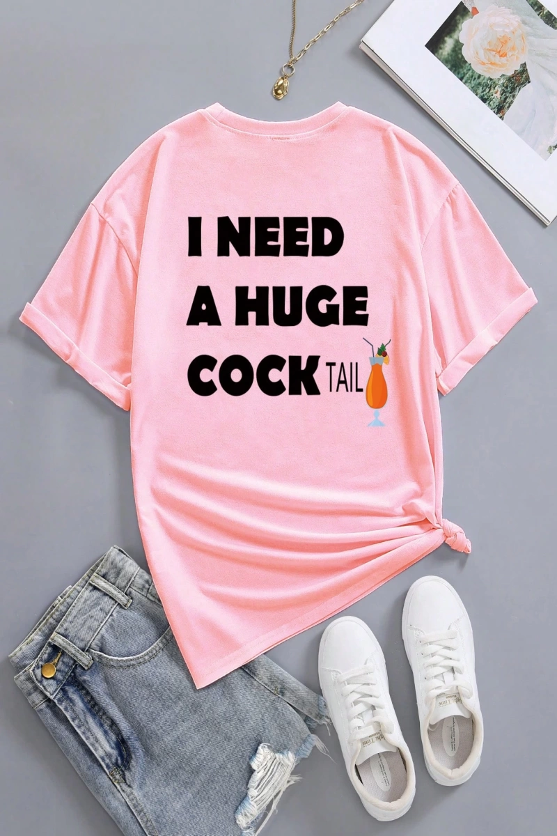 Flirla Kadın Yazlık Bol Kokteyl Pembe Kısa Kollu Tişört Grafik Tişörtler Kadın Üstleri