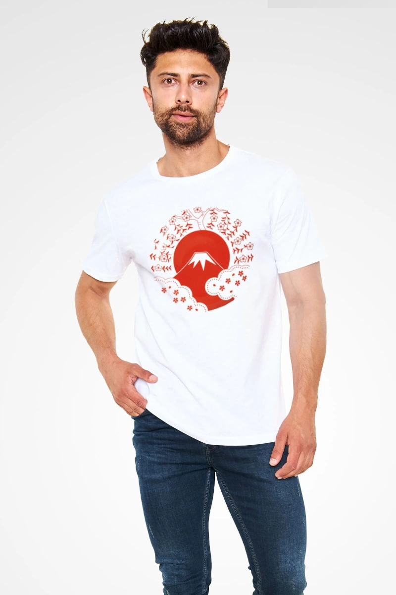 Fuji Dağı Beyaz Unisex Tişört T-Shirt
