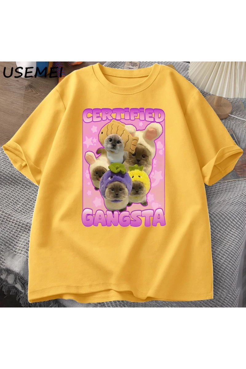 Gangsta komik kedi Meme T-shirt Goofy Tee Tee aptal kediler Tshirt boy
