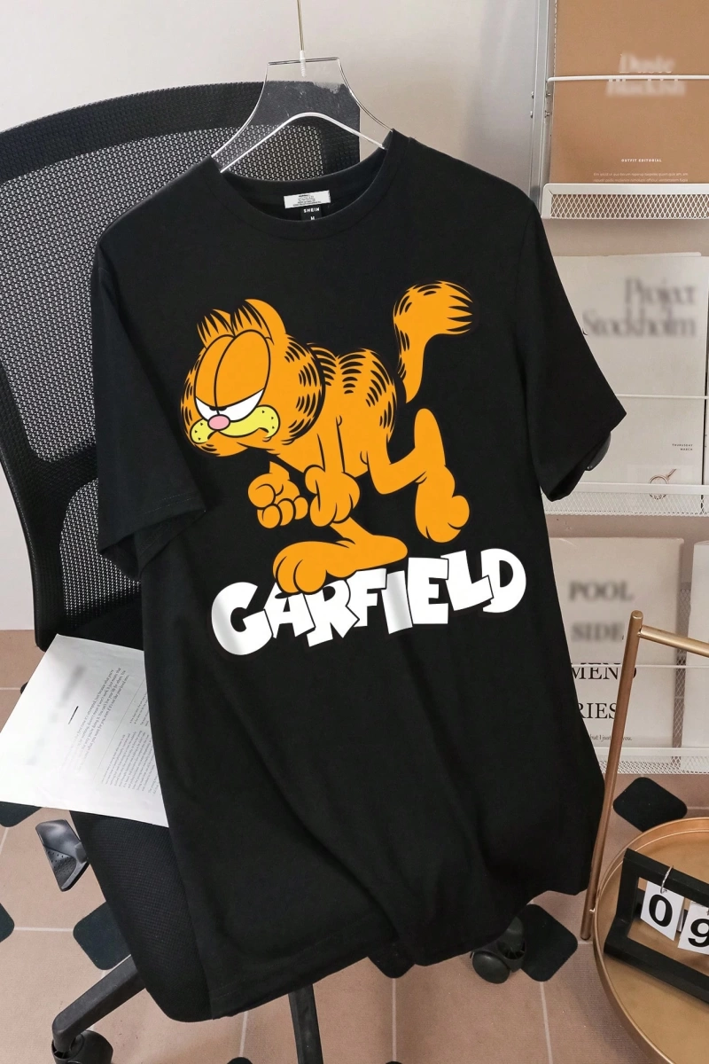 GARFIELD X SHEIN Erkek Günlük Karikatür Kedi ve Harf Baskılı Kısa Kollu Tişört, Yaz