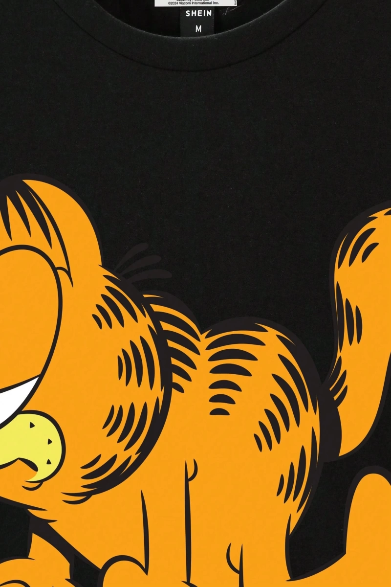 GARFIELD X SHEIN Erkek Günlük Karikatür Kedi ve Harf Baskılı Kısa Kollu Tişört, Yaz