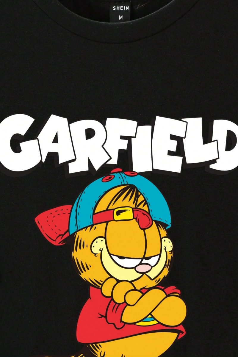 GARFIELD X SHEIN Erkek Karikatür ve Mektup Baskılı Yuvarlak Yaka Kısa Kollu Tişört, Yaz