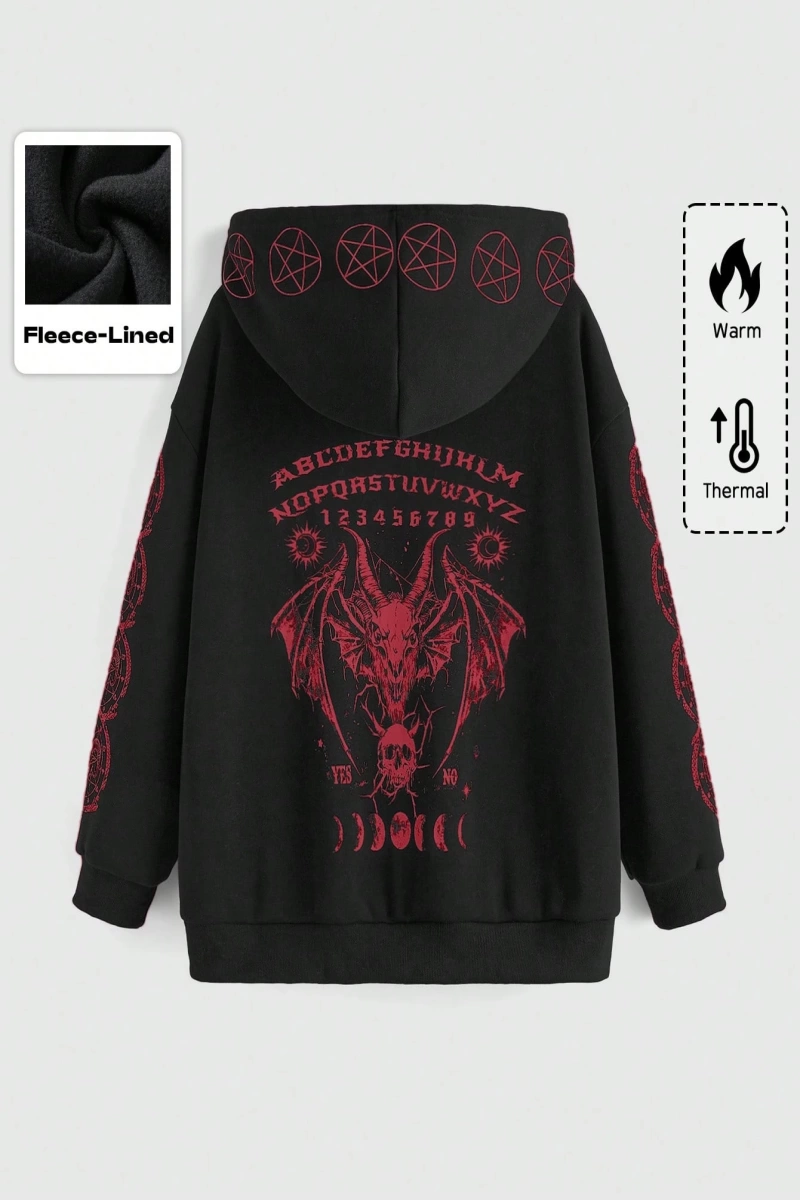 Goth Büyük Beden Kadın Slogan Baskılı Düşük Omuz Uzun Kollu Günlük Kapşonlu Sweatshirt, Model 5172