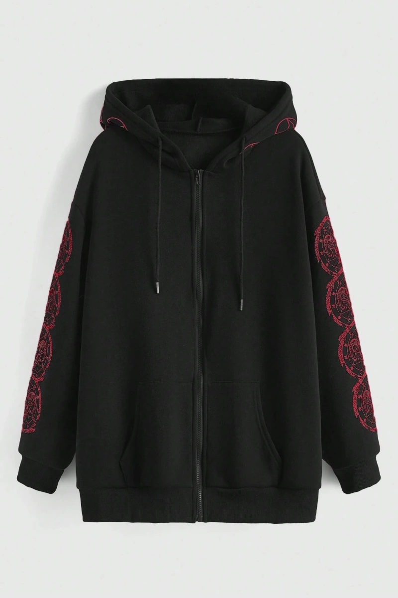 Goth Büyük Beden Kadın Slogan Baskılı Düşük Omuz Uzun Kollu Günlük Kapşonlu Sweatshirt, Model 5172