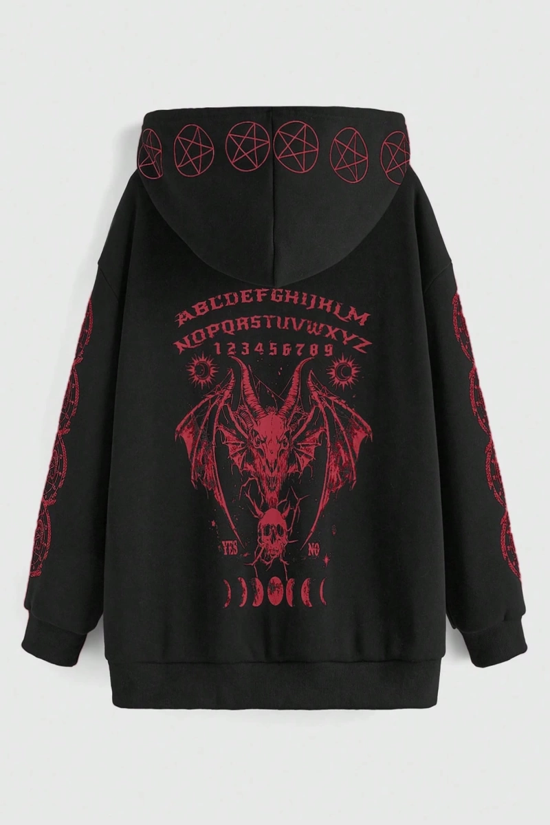 Goth Büyük Beden Kadın Slogan Baskılı Düşük Omuz Uzun Kollu Günlük Kapşonlu Sweatshirt, Model 5172