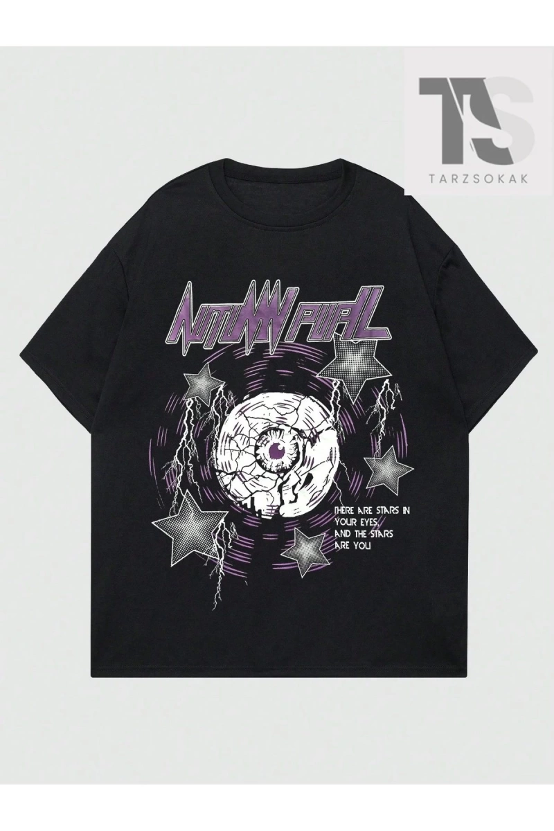 Goth Erkek Alfabe ve Beş Köşeli Yıldız Baskılı T-shirt