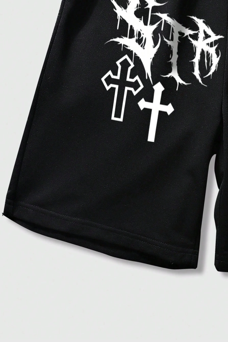 Goth Erkek Çapraz Harfli Grafik Bağcıklı Bel Şortu