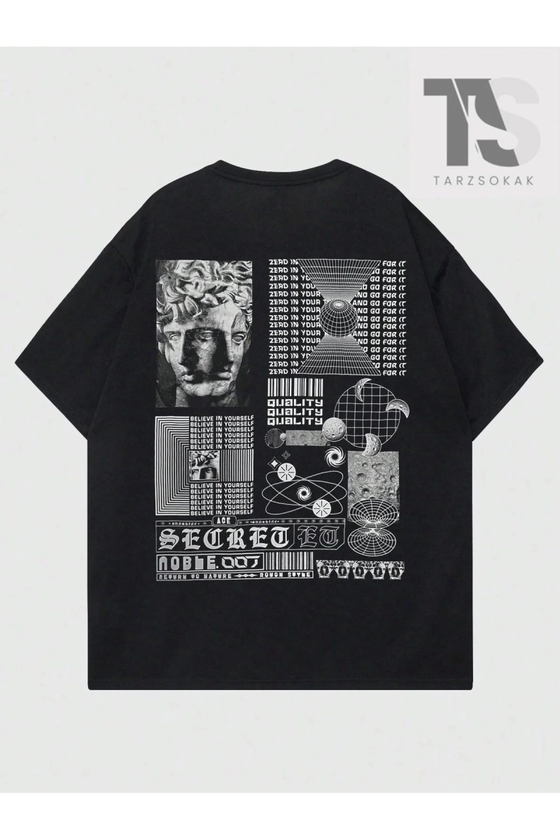 Goth Erkek Geometrik Baskılı Yuvarlak Yaka T-Shirt
