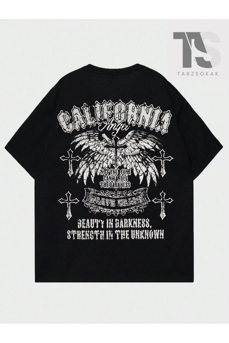 Goth Erkek Kanat ve Harf Baskılı T-shirt