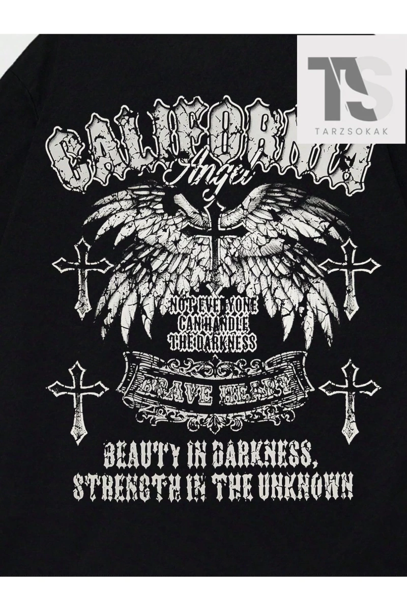 Goth Erkek Kanat ve Harf Baskılı T-shirt
