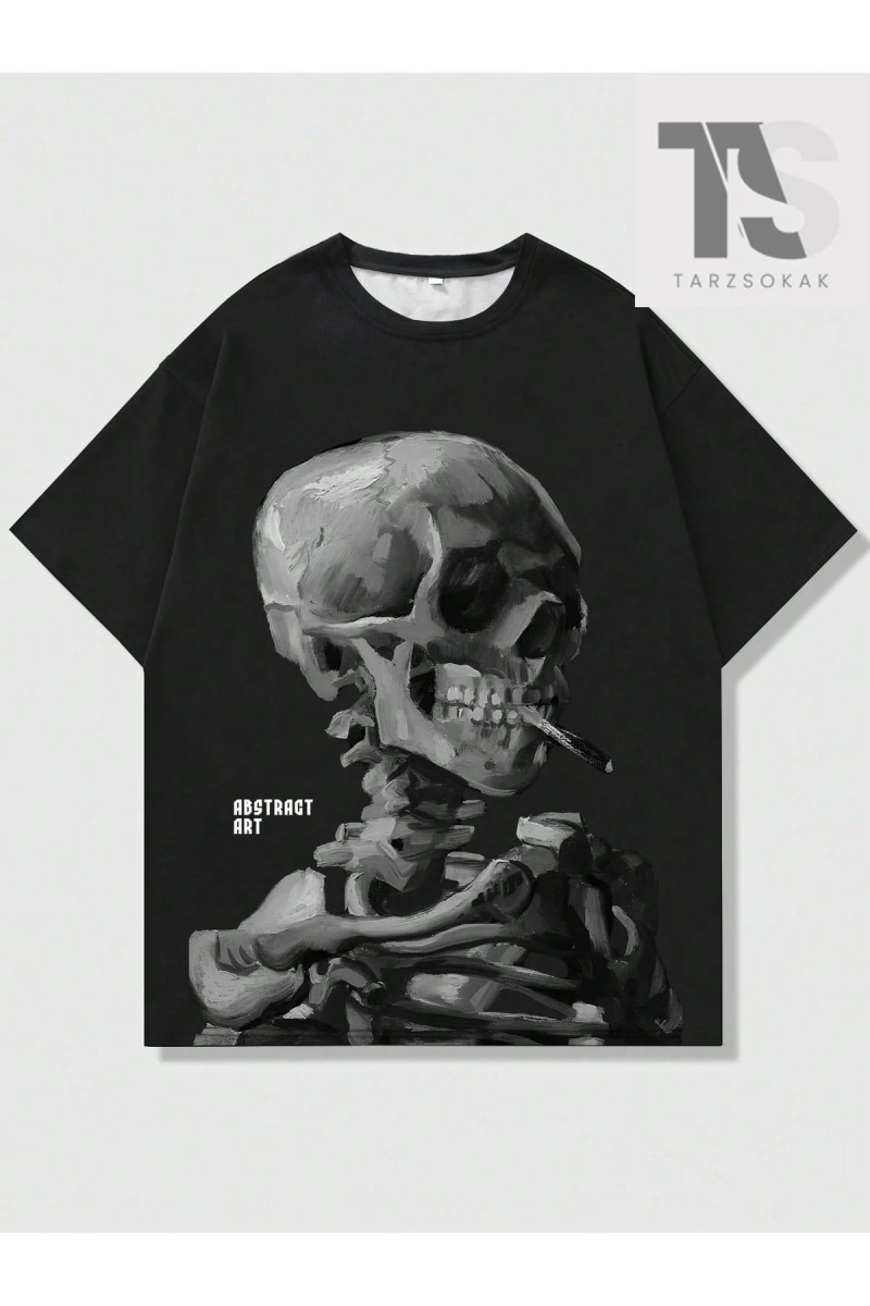 Goth Erkek Koyu Gotik Kafatası Baskılı T-Shirt